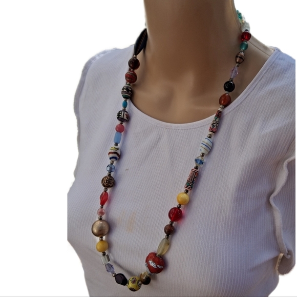 Vintage Boho Beaded Necklace Colorful Glass & Ceramic Statement - Picture 2 of 7
